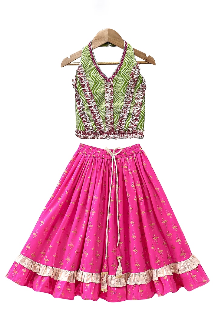 Pink Cotton Printed Lehenga Set For Girls by TWISHA at Pernia's Pop Up Shop