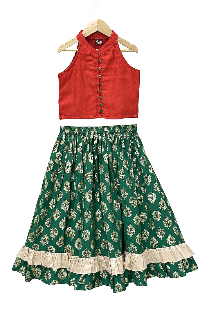 Green Polyester Printed Lehenga Set For Girls by TWISHA at Pernia's Pop Up Shop