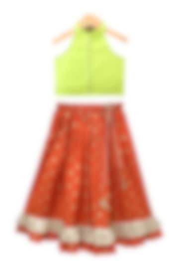Orange Chanderi Printed Lehenga Set For Girls by TWISHA at Pernia's Pop Up Shop