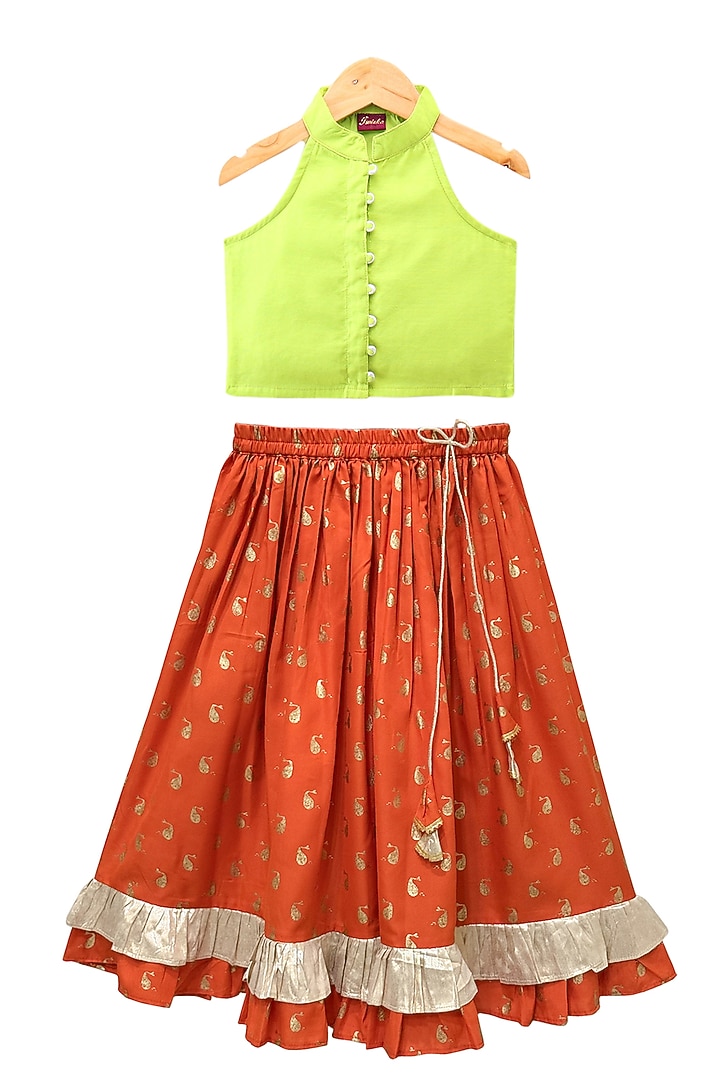 Orange Chanderi Printed Lehenga Set For Girls by TWISHA at Pernia's Pop Up Shop