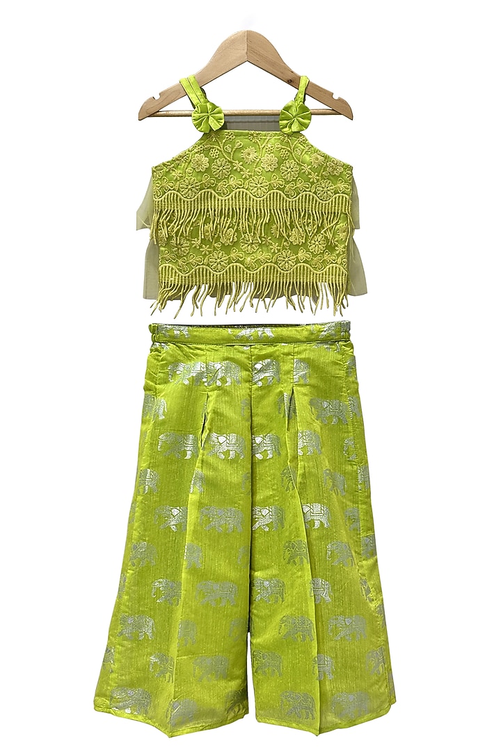 Lime Green Net Printed Palazzo Pant Set For Girls by TWISHA at Pernia's Pop Up Shop