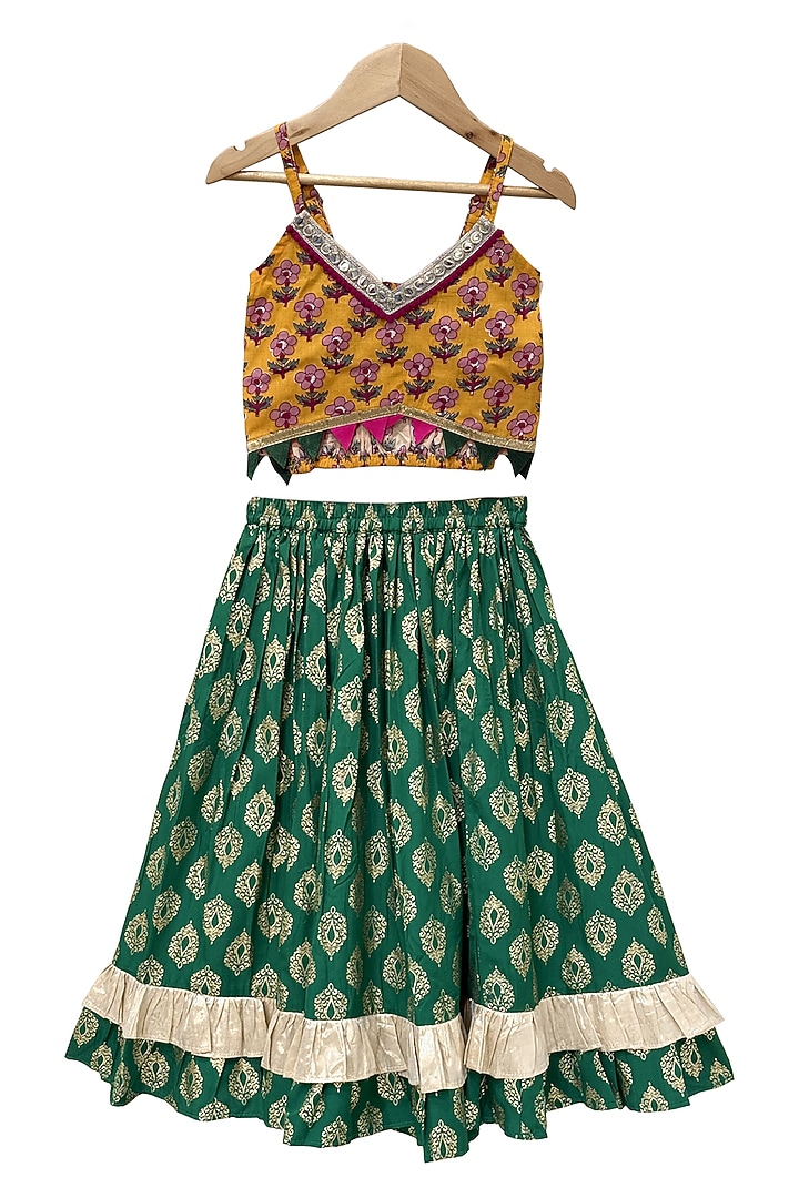 Green Cotton Printed Lehenga Set For Girls by TWISHA at Pernia's Pop Up Shop