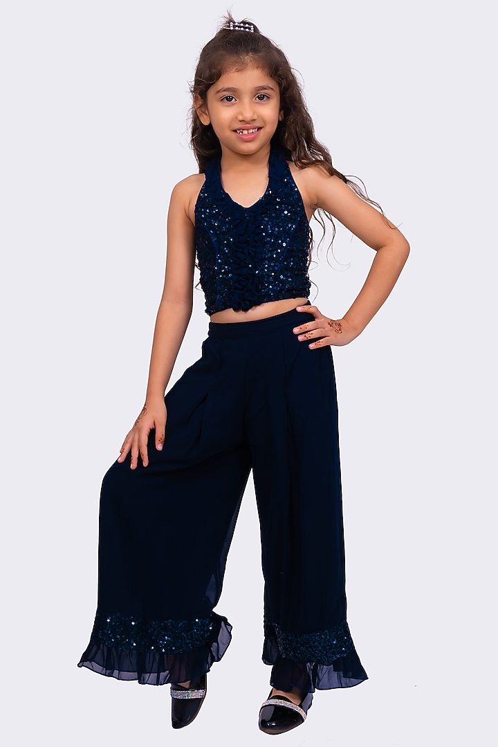 Navy Blue Polyester Co-Ord Set For Girls by TWISHA at Pernia's Pop Up Shop