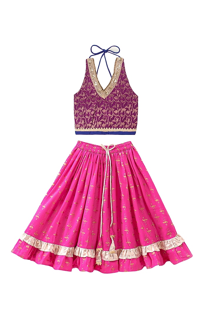 Pink Brocade Printed Lehenga Set For Girls by TWISHA at Pernia's Pop Up Shop