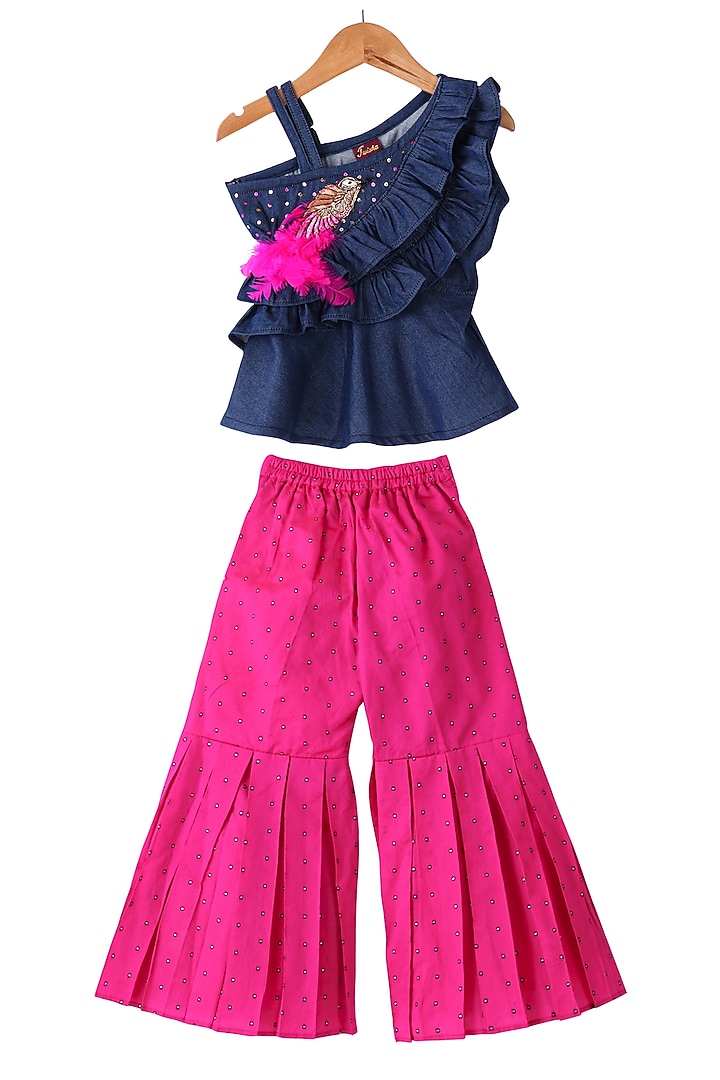 Pink Denim Printed Palazzo Pant Set For Girls by TWISHA at Pernia's Pop Up Shop
