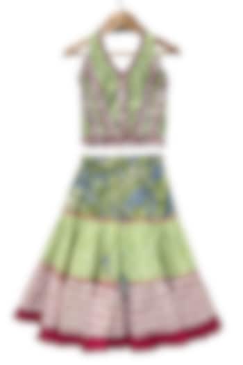 Olive Green & Pink Cotton Printed Lehenga Set For Girls by TWISHA at Pernia's Pop Up Shop