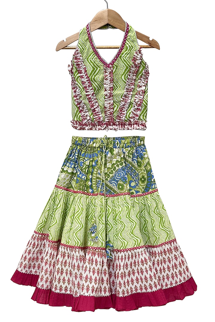 Olive Green & Pink Cotton Printed Lehenga Set For Girls by TWISHA at Pernia's Pop Up Shop