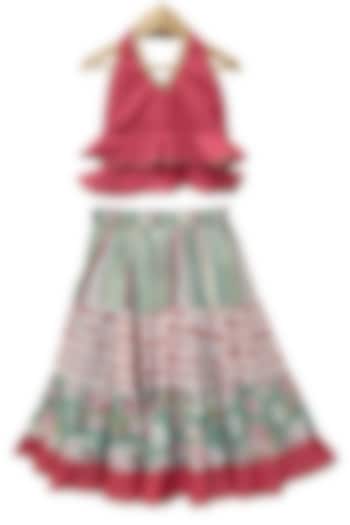 Olive Green & Coral Cotton Printed Lehenga Set For Girls by TWISHA at Pernia's Pop Up Shop