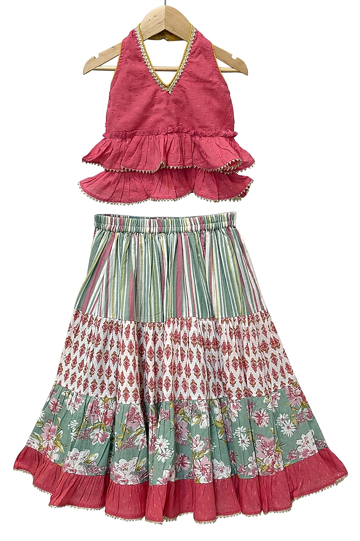 Olive Green & Coral Cotton Printed Lehenga Set For Girls by TWISHA at Pernia's Pop Up Shop