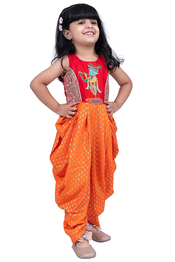 Red & Orange Cotton Printed Jumpsuit For Girls by TWISHA at Pernia's Pop Up Shop