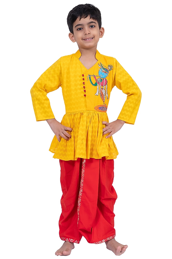 Red Cotton Dhoti Set For Boys by TWISHA at Pernia's Pop Up Shop