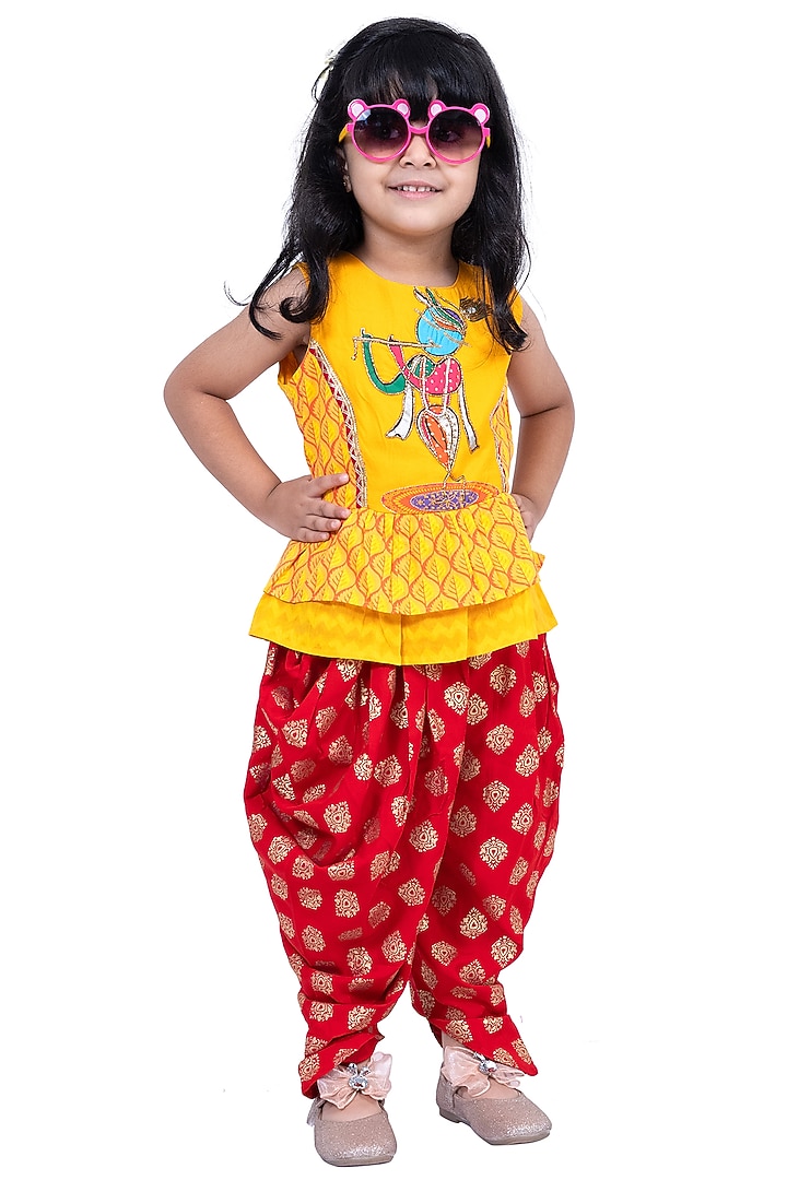 Red Cotton Dhoti Set For Girls by TWISHA at Pernia's Pop Up Shop