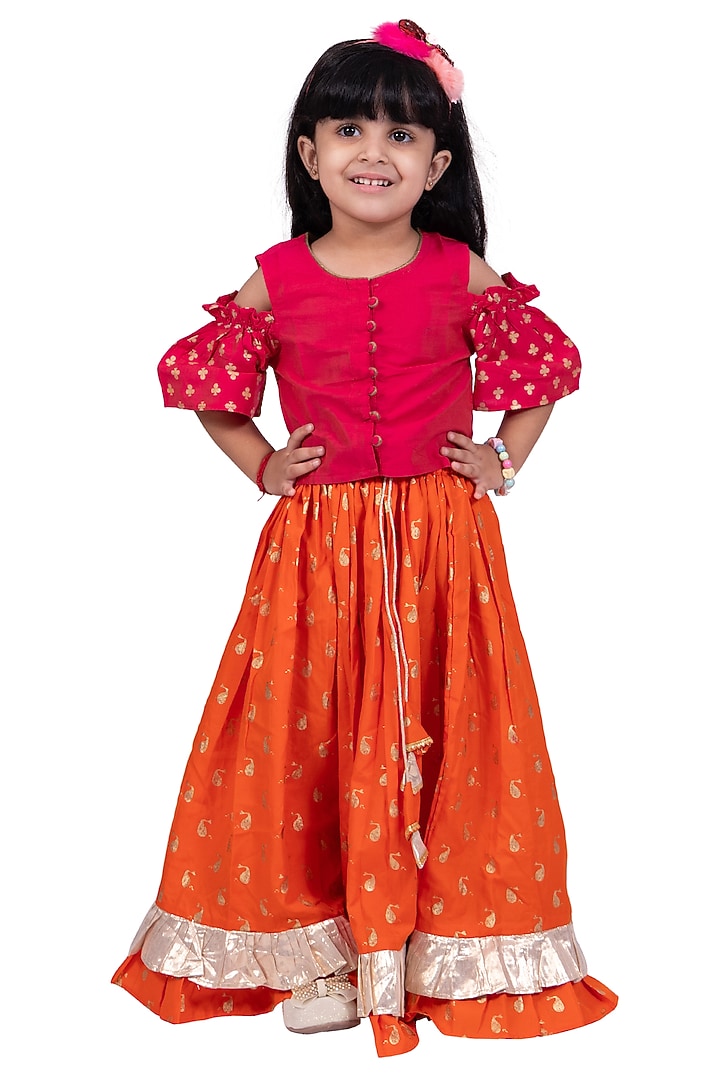 Orange Polyester Printed Lehenga Set For Girls by TWISHA at Pernia's Pop Up Shop
