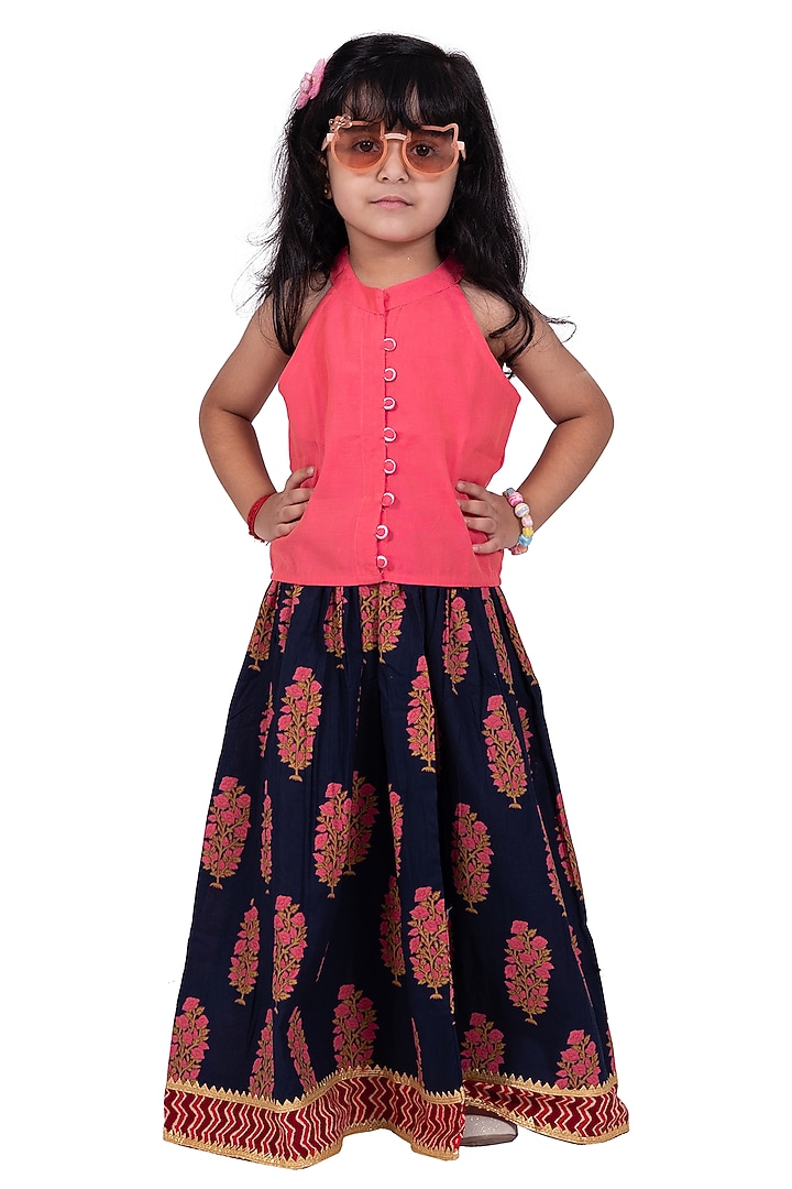 Blue Chanderi Printed Lehenga Set For Girls by TWISHA at Pernia's Pop Up Shop