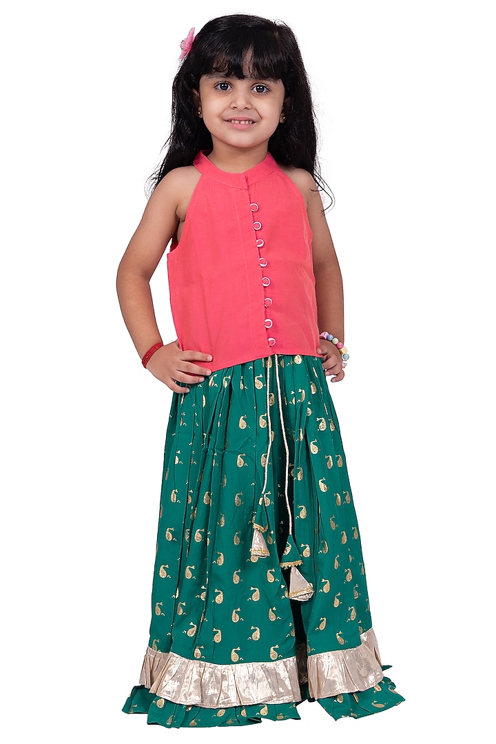 Green Chanderi Printed Lehenga Set For Girls by TWISHA at Pernia's Pop Up Shop