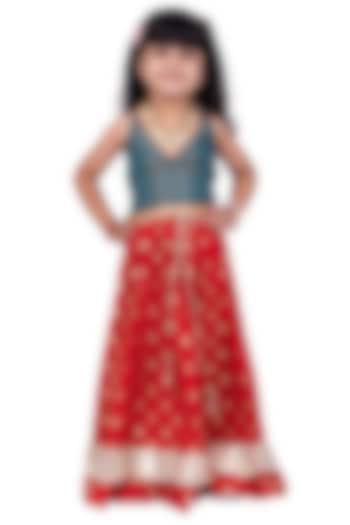 Red Brocade Lehenga Set For Girls by TWISHA at Pernia's Pop Up Shop