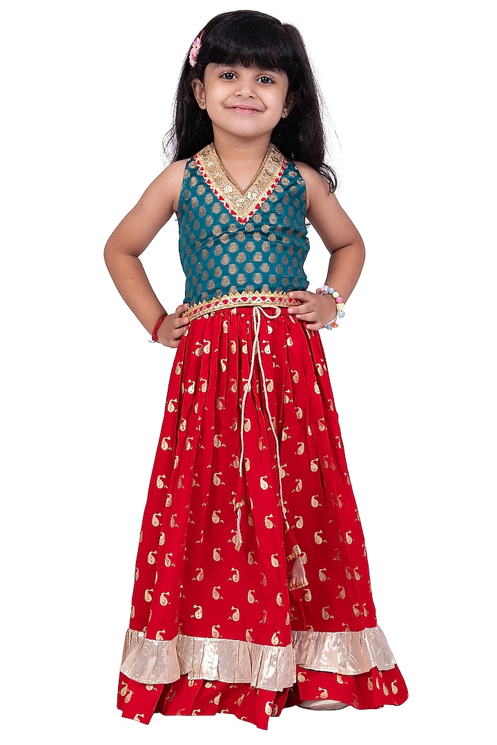 Red Brocade Lehenga Set For Girls by TWISHA at Pernia's Pop Up Shop