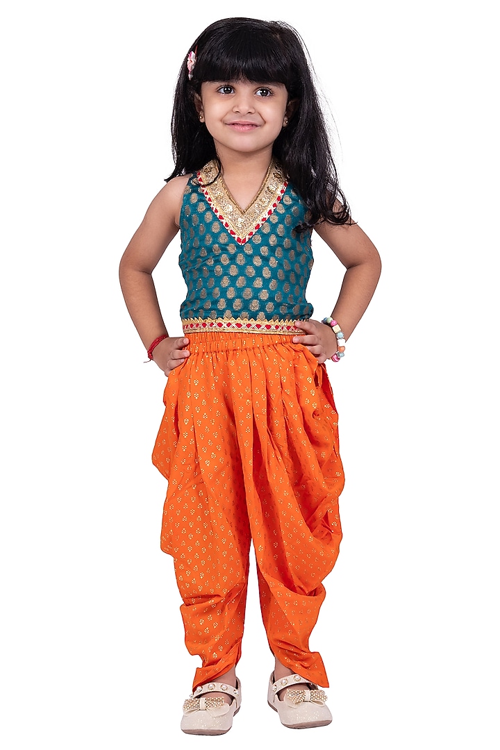 Orange Brocade Dhoti Set For Girls by TWISHA at Pernia's Pop Up Shop