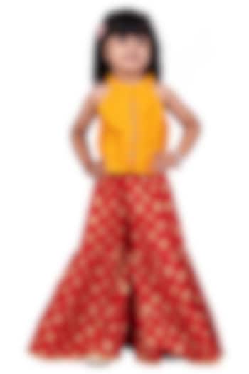 Red Chanderi Printed Sharara Set For Girls by TWISHA at Pernia's Pop Up Shop