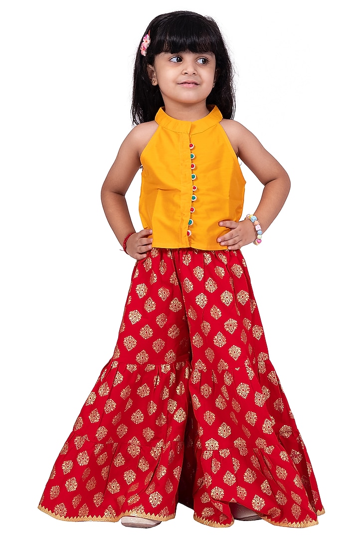 Red Chanderi Printed Sharara Set For Girls by TWISHA at Pernia's Pop Up Shop