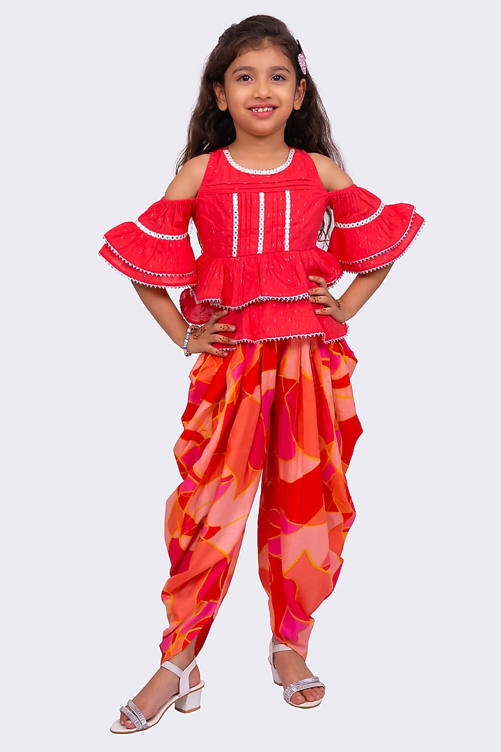 Coral Cotton Blend Printed Dhoti Set For Girls by TWISHA at Pernia's Pop Up Shop