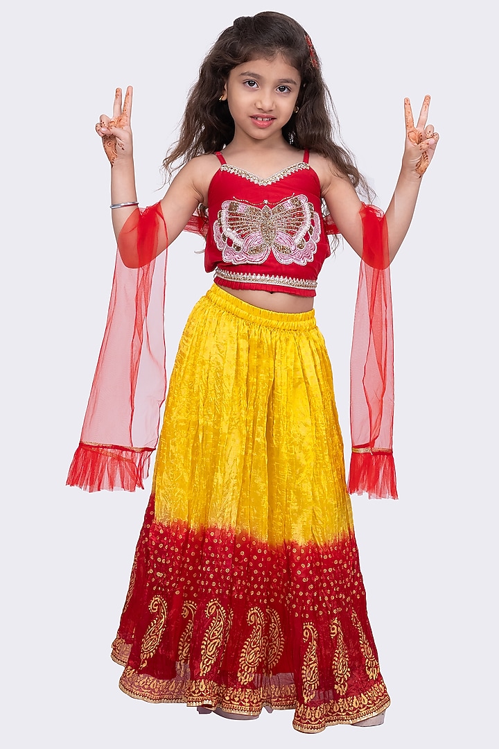 Yellow & Red Polyester Tie-Dyed Lehenga Set For Girls by TWISHA at Pernia's Pop Up Shop