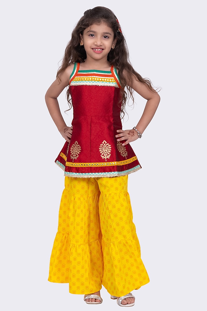 Yellow Jacquard Printed Sharara Set For Girls by TWISHA at Pernia's Pop Up Shop