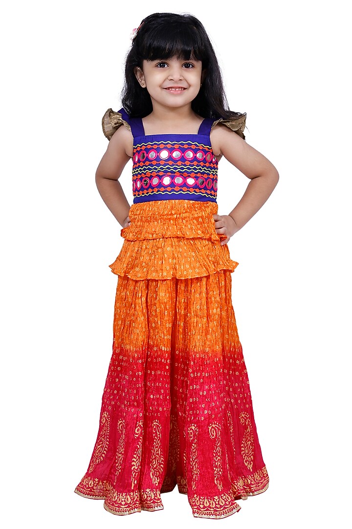 Orange & Red Polyester Tie-Dyed Lehenga Set For Girls by TWISHA at Pernia's Pop Up Shop