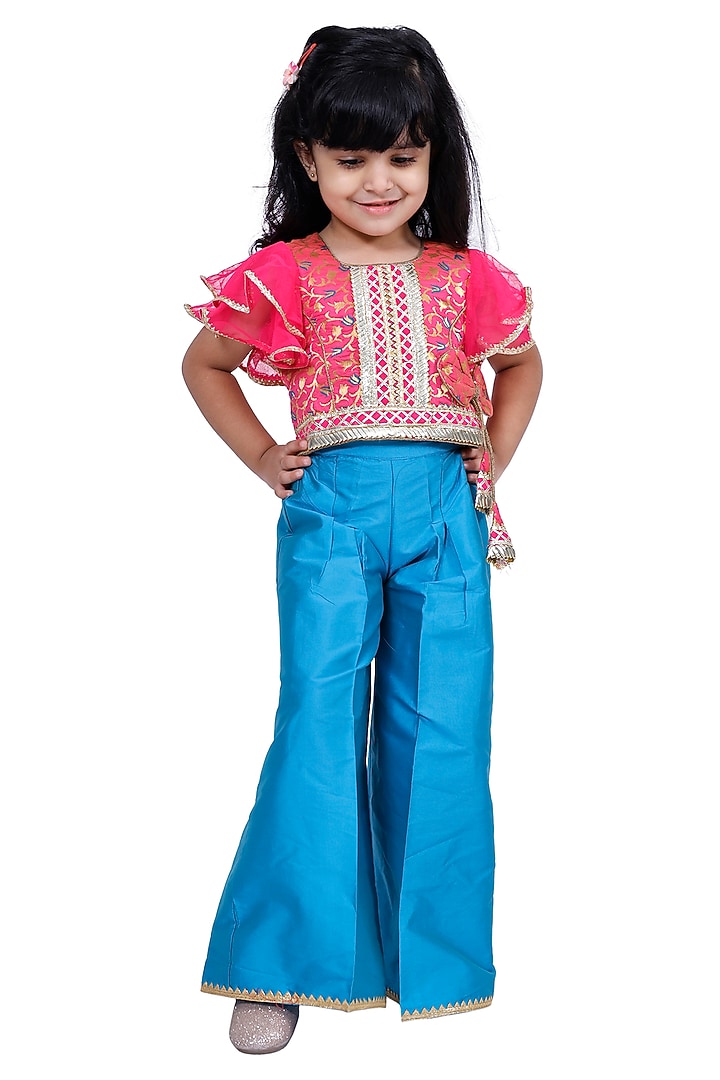 Blue Brocade Palazzo Pant Set For Girls by TWISHA at Pernia's Pop Up Shop