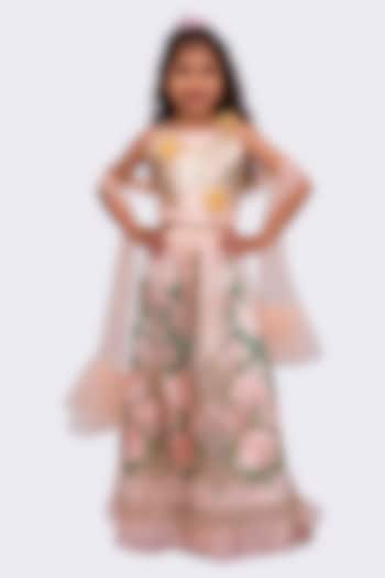 Peach Net Embroidered Lehenga Set For Girls by TWISHA at Pernia's Pop Up Shop