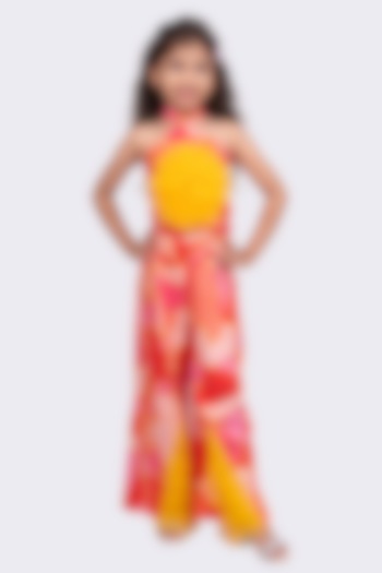 Coral & Yellow Rayon Printed Palazzo Pant Set For Girls by TWISHA at Pernia's Pop Up Shop