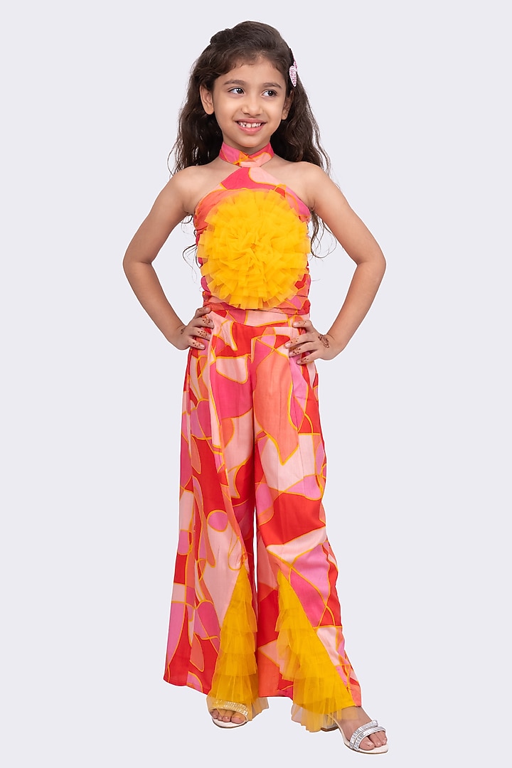 Coral & Yellow Rayon Printed Palazzo Pant Set For Girls by TWISHA at Pernia's Pop Up Shop