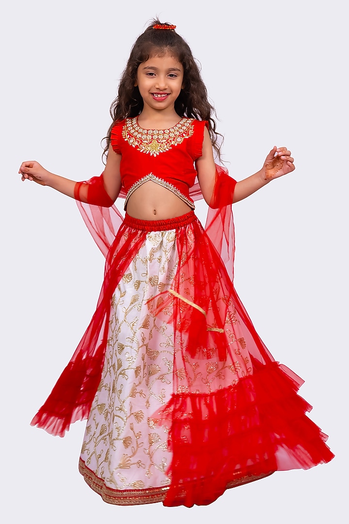 Red Polyester Embroidered Lehenga Set For Girls by TWISHA at Pernia's Pop Up Shop