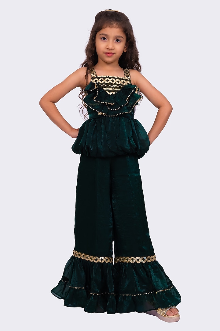 Dark Green Georgette Palazzo Pant Set For Girls by TWISHA at Pernia's Pop Up Shop