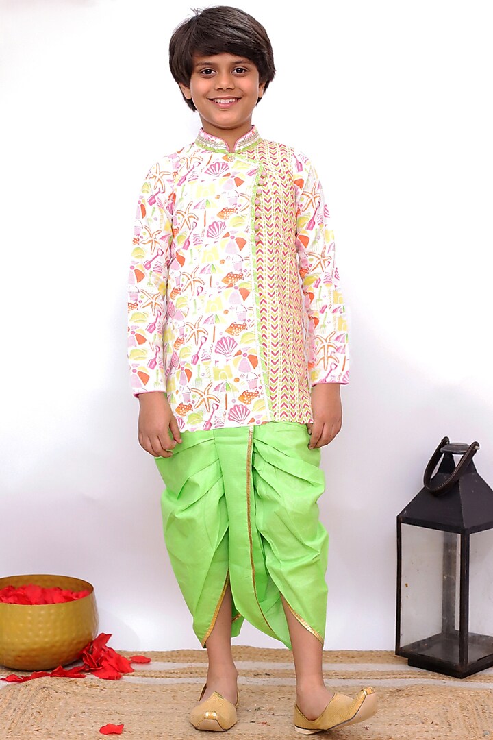 Lime Green Cotton Dhoti Set For Boys by TWISHA at Pernia's Pop Up Shop