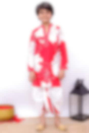 Red & White Cotton Dhoti Set For Boys by TWISHA at Pernia's Pop Up Shop