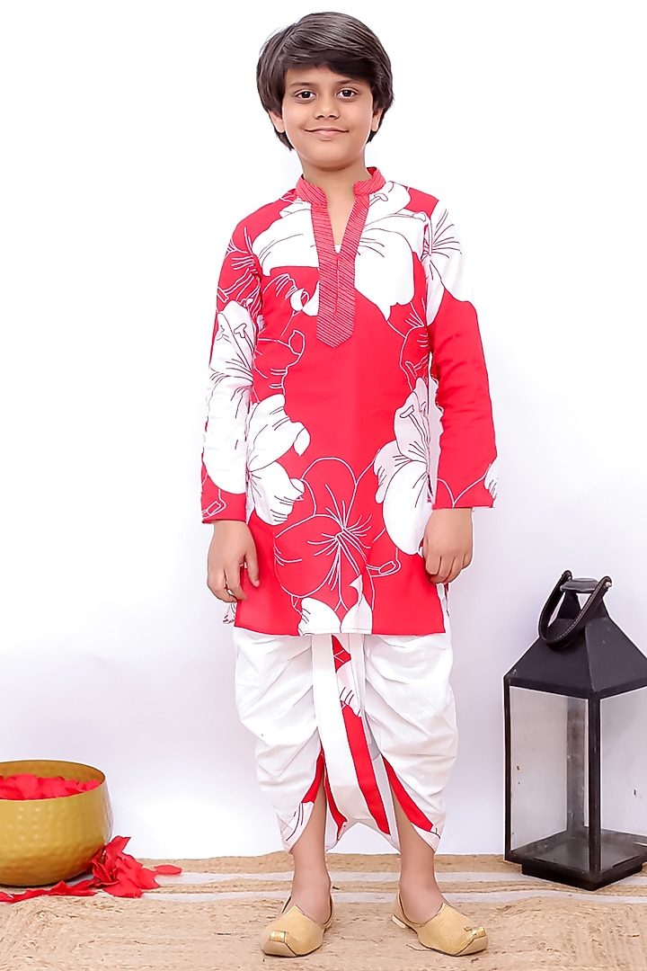 Red & White Cotton Dhoti Set For Boys by TWISHA at Pernia's Pop Up Shop