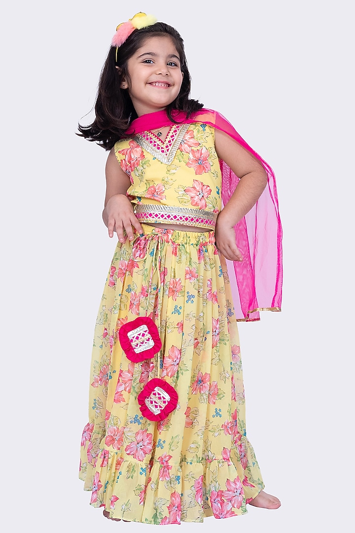 Yellow Georgette Printed Lehenga Set For Girls by TWISHA at Pernia's Pop Up Shop