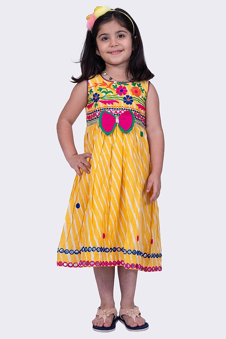 Yellow Cotton Printed & Embroidered Dress For Girls by TWISHA at Pernia's Pop Up Shop