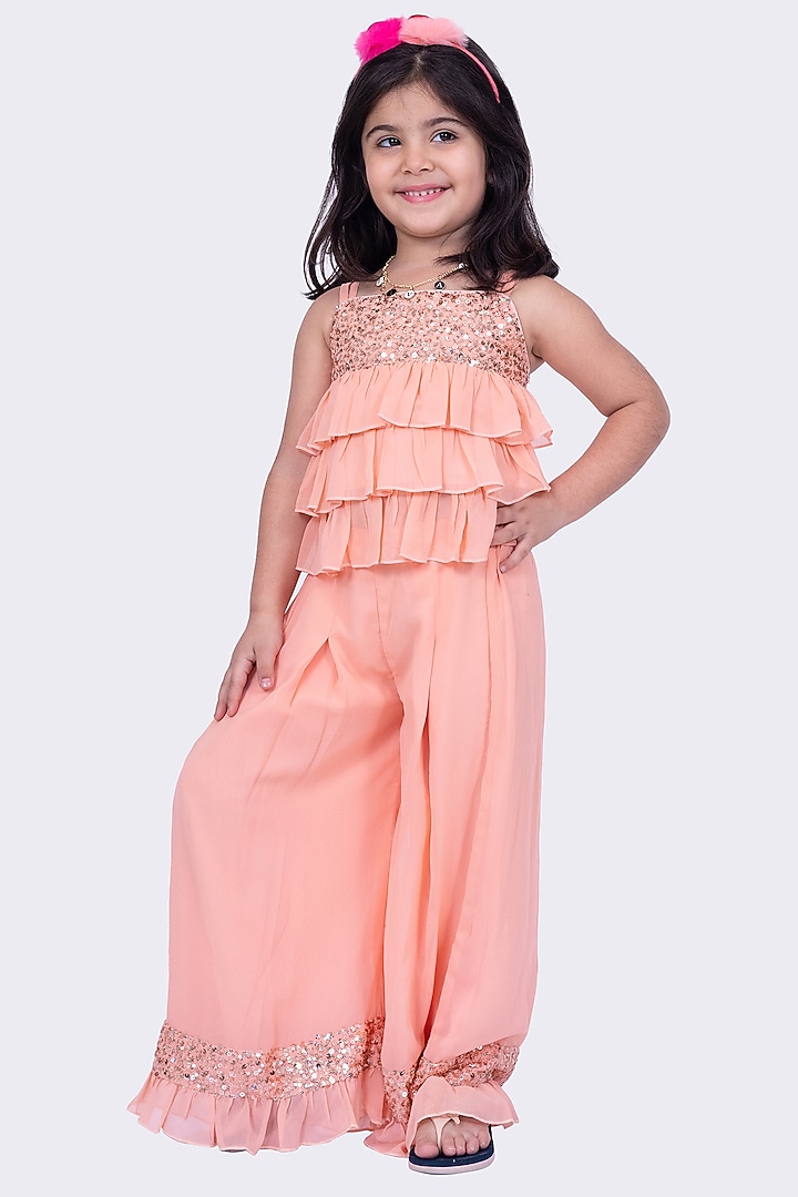 Peach Georgette Palazzo Pant Set For Girls by TWISHA at Pernia's Pop Up Shop