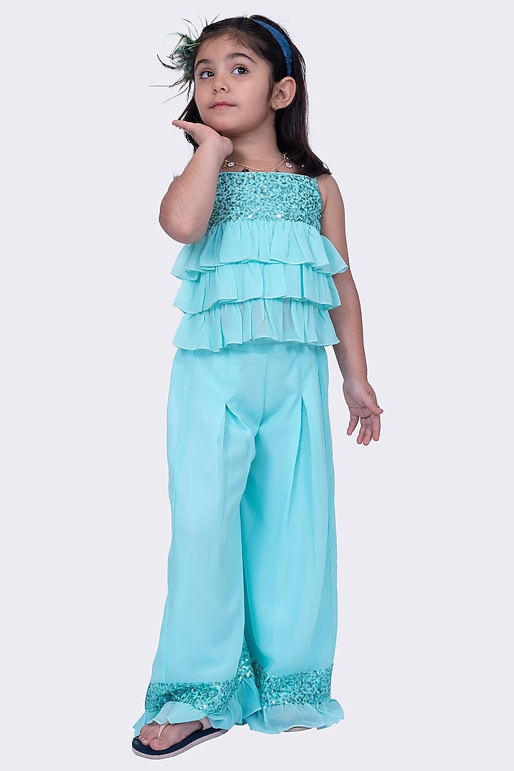 Sea Green Georgette Palazzo Pant Set For Girls by TWISHA at Pernia's Pop Up Shop