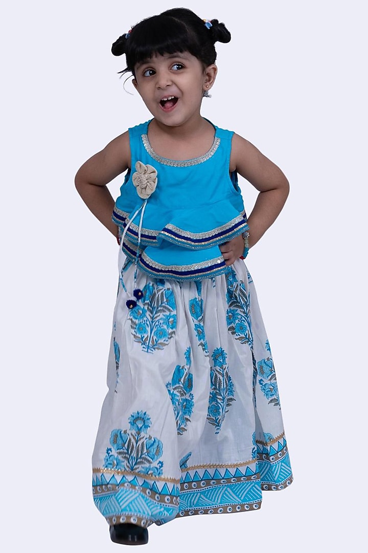 Blue & White Polyester Printed Lehenga Set For Girls by TWISHA at Pernia's Pop Up Shop