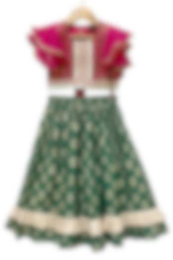 Green Brocade Printed Lehenga Set For Girls by TWISHA at Pernia's Pop Up Shop