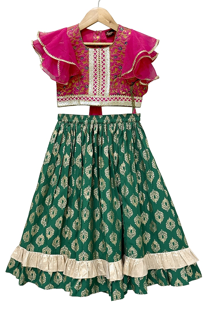 Green Brocade Printed Lehenga Set For Girls by TWISHA at Pernia's Pop Up Shop