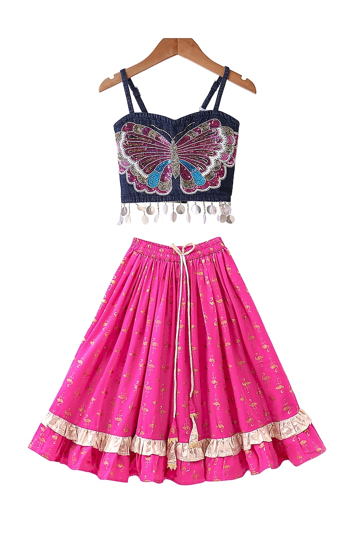 Pink Denim Printed Lehenga Set For Girls by TWISHA at Pernia's Pop Up Shop