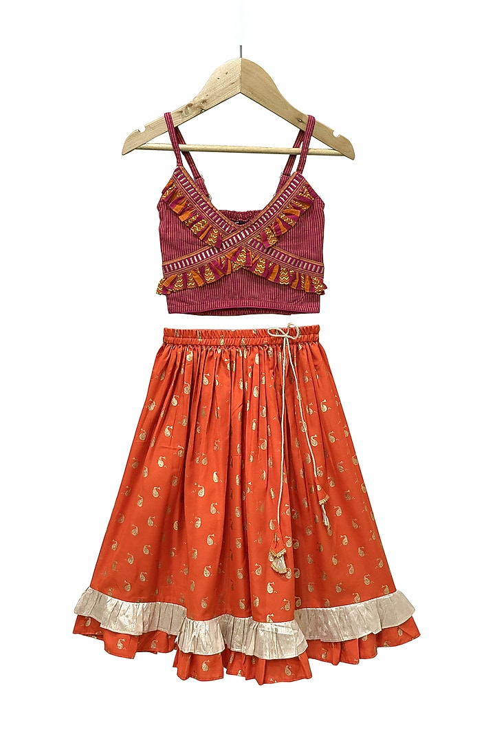 Orange Cotton Printed Lehenga Set For Girls by TWISHA at Pernia's Pop Up Shop