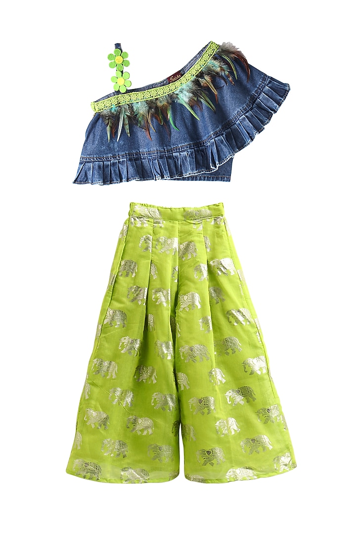 Lime Green Denim Printed Palazzo Pant Set For Girls by TWISHA at Pernia's Pop Up Shop