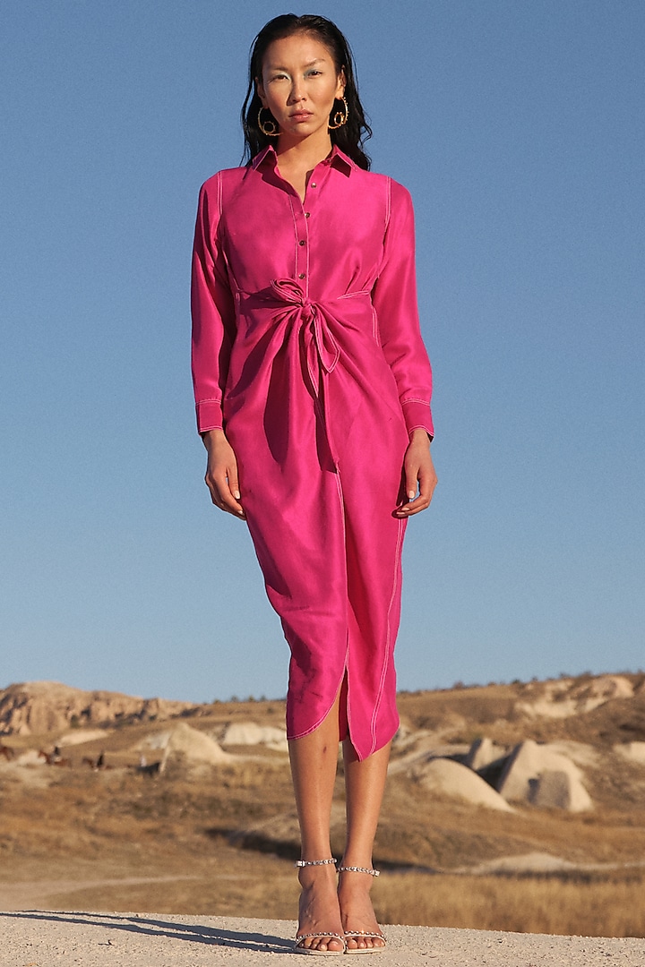 Fuchsia Pure Silk Shirt Dress by Twinkle Hanspal