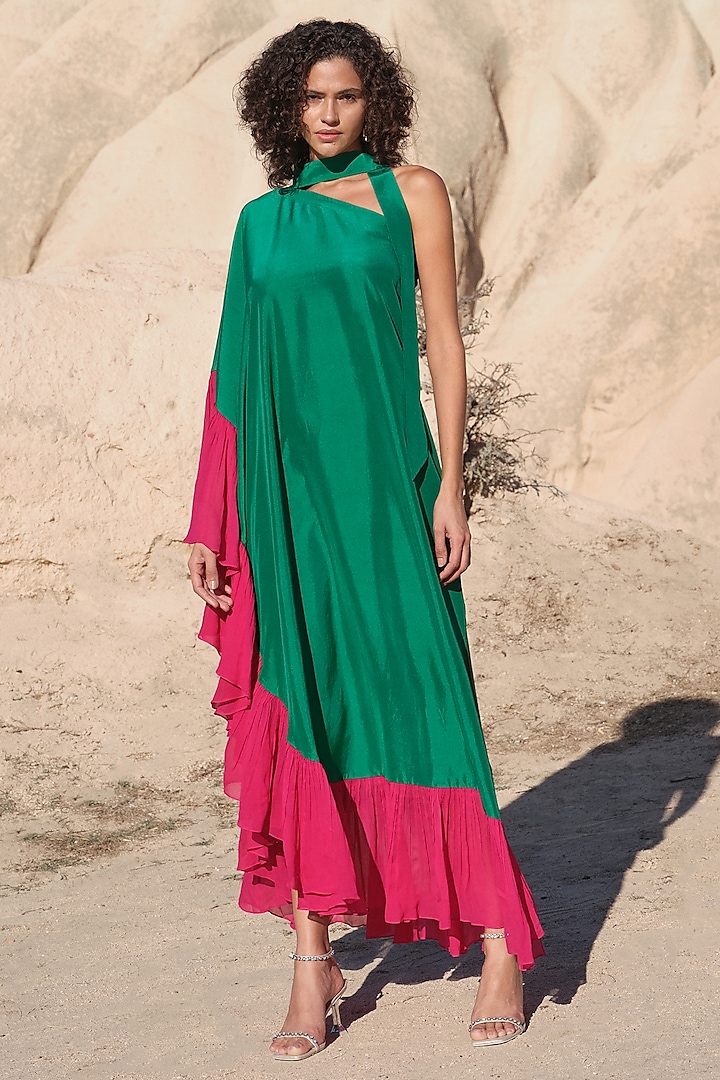Green & Fuchsia Pure Silk One-Shoulder Kaftan Dress by Twinkle Hanspal