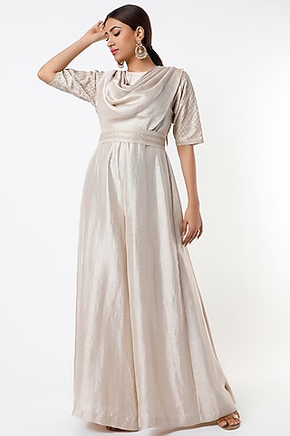 Beige Hand Embroidered Jumpsuit by Twinkle Hanspal
